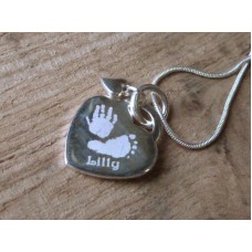 Engraved Hand Print Footprint Necklace with dangling Heart