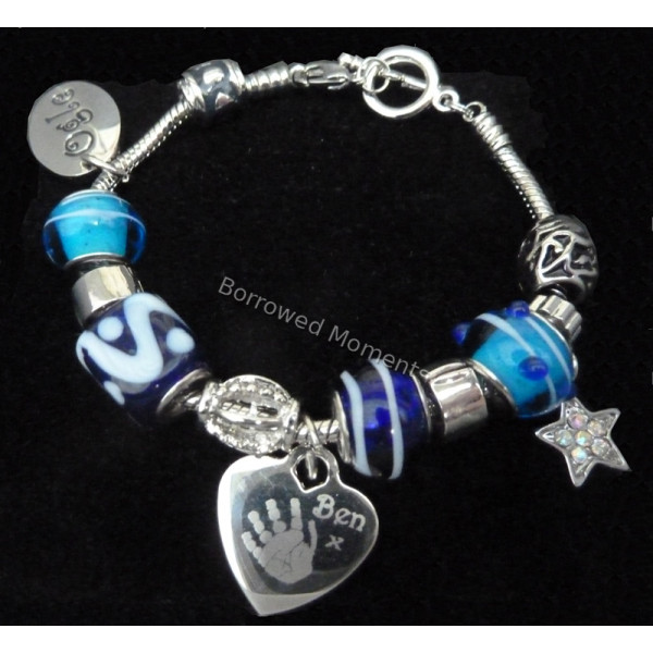 BLUE Ogle Charm Bracelet with Engraved Prints Charm