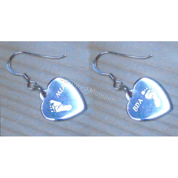 Engraved Footprint Hand Print Silver Heart Earrings Engraved Footprint Hand Print Silver Heart Earrings