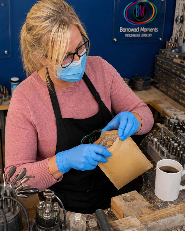Amy from Borrowed Moments creating memorial jewellery in our South Wales workshop
